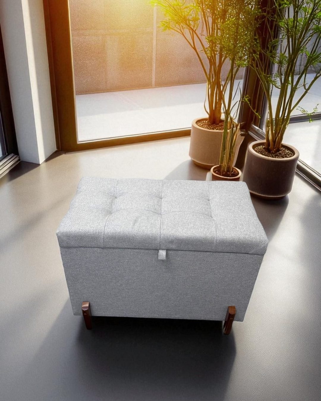 Puff Baú 68 cm Linho Premium Cinza com pé de Madeira 6